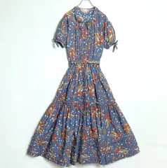 【美品】ピンクハウス★可愛い苺と苺リースが舞う♪ ロマンティックなロングワンピース パフスリーブ ボタン前開き 青系 z18540