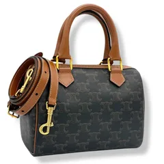 使用わずか CELINE セリーヌ トリオンフ スモールボストン 2way ショルダーバッグ ハンドバッグ タン ダークブラウン ブラウン ゴールド トリオンフキャンバス カーフスキン 4749