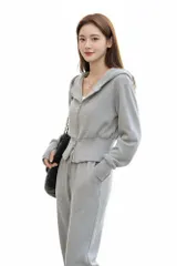 [ReiLuana] スウェット 上下セット レディース ダブルジップ パーカー ワイドパンツ 体型カバー 部屋着 ルームウェア 人気 カジュアル おしゃれ 可愛い ジャージ セットアップ ゆったり 長袖 無地 スポーツ シンプル き [ダークグレー] [M]