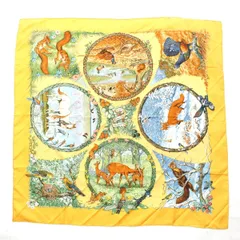 エルメス カレ90 シルク Les Quatre Saisons 四季 スカーフ イエロー【中古】