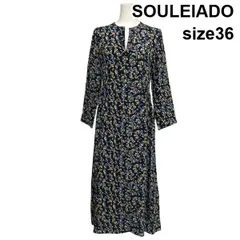 ◇ ソレイアード SOULEIADO 小花柄プリントワンピース ロング丈 長袖 Aライン フレア キーネック 黒 シルク100 36 S 7号 レディース S6C165