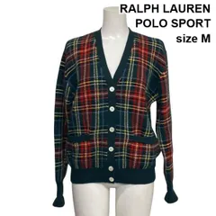 ◆ ラルフローレンポロスポーツ RALPH LAUREN Vネックカーディガン 長袖 タータンチェック 緑 マルチカラー 毛混 M 9号 レディース S6C167