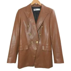 ザラ ZARA フェイクレザージャケット ダブル 金ボタン 総裏地 S 165/84A 茶 ブラウン /X