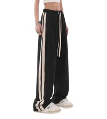 [3MDGHD] レディース ジャージ パンツ 下 ズボン スポーツ トレーニング ウェア ジョガー ワイド ロング ゆったり ライン 入り じゃーじ ぱんつ ずぼん ダンス 運動 着 服 体育 スウェット パジャマ かわいい おしゃれ  [ブラック] [L]