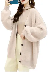 [ネコート] レディース カーディガン モヘヤ モヘア シャギーニット フェザー ボタン Vネック ボリュームスリーブ 秋冬 オフホワイト [オフホワイト] [Free Size]