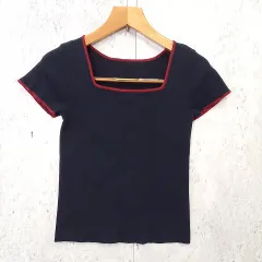 BASEMENTonline ベースメントオンライン カットソー スクエアネック 半袖 ニットトップス バイカラー ネイビー Fサイズ 〇□