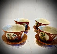 九谷焼 赤絵金彩 汲出 湯呑 4客セット（茶托付） 昭和レトロ 煎茶道具
