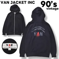 【希少】 【当時物】 日本製 90s ヴィンテージ ヴァン ヂャケット VAN JACKET INC アーチロゴ プリント フルジップアップ パーカー スウェット トレーナー ラグランスリーブ 裏地 パイル L ブラック アメカジ メンズ