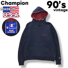 【定番】 90s ヴィンテージ USA製 チャンピオン Champion ネックジップ パーカー フーディー スウェット トレーナー 裏起毛 ロゴ 刺繍 L ネイビー アメリカン カジュアル ストリート メンズ