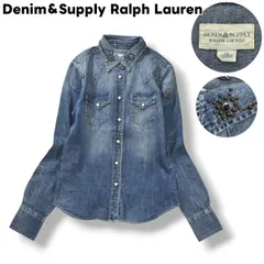 デニムアンドサプライ ラルフローレン Denim＆Supply Ralph Lauren 長袖 ウエスタン デニム シャツ ダブルポケット ラウンドヘム スタッズ デザイン 装飾 XS インディゴ アメカジ レディース ♪のサムネイル