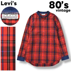 80s ヴィンテージ リーバイス カラーグラフス Levi's COLORGRAPHS 長袖 切替 デニム ノーカラー シャツ ラウンドヘム シングルポケット L相当 チェック柄 レッド x インディゴ アメリカン カジュアル メンズ