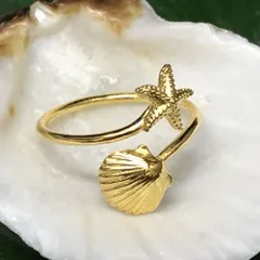 ハワイアンジュエリー リング シルバー イエロー トゥーリング スターフィッシュ×シェル ピンキーリング アクセサリー 足用 指輪 ハワジュ