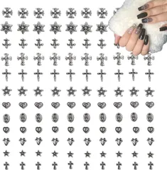 120個セット ネイルパーツ メタル シルバー クロス・スター・ハート デコパーツ, DIY ネイルアート用品, ゴシック・パンク風  b-326