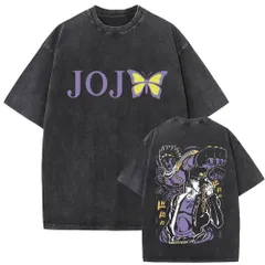 アニメ ジョジョ 空条承太郎 プリント Tシャツ ヴィンテージ加工 半袖 メンズ 水洗い ストリート カジュアル ブラックQ03673