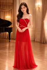 【新品未使用】ベアトップ ロングドレス レッド ビジュー シフォン シースルー エレガント 演奏会 パーティードレス ステージドレス