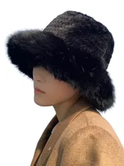 [kanaelun] レディース ベーシック バケハ バケットハット ふわふわ 帽子 無地 フリーサイズ 防寒 ブラック ホワイト プレゼント 秋 冬 レトロ風 ニット 漁夫帽 黒 白 ファッション もこもこ (Free  [ブラック] [Free Size]