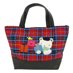 familiar(ファミリア) トートバッグ - レッド×黒×マルチ チェック柄/クマ/鳥/ミニバッグ ウール