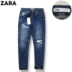 【新品未使用】 【タグ付き】 ザラ ZARA スキニー フィット SKINNY FIT デニム パンツ ジーンズ ジーパン Gパン ジップアップ 5ポケット ダメージ リペア 加工 42 インディゴ メンズ