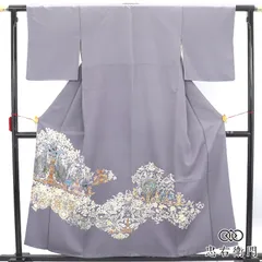 色留袖 訪問着仕立て 一つ紋 「丸に渡辺星」 袷 レディース 正絹 灰紫 向い鳥 異国情緒 身丈159.5cm 裄丈64cm パーティ 観劇 食事会 Mサイズ相当