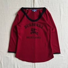 希少　～00s　BUBERRY LONDON BLUE LABEL　バーバリー　薄手ウールニット生地　七分丈ラグランTシャツ　カットソー　ホースロゴ　フロッキープリント　レッド　38　Y2K　平成ギャル　グランジ　raglan sleeve knit tops