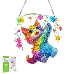 【新品】 LOMSIOY ダイヤモンドアートペンダント 猫 簡単DIYビーズアート 初心者向け 動物 贈り物用 ハンギングデコレーション インテリア用 キラキラアート 特殊シェイプ チェーン付き 完成時間短 部屋・ドア・窓用 （20x20 cm） 1