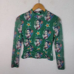 総柄 メッシュトップス カットソー グリーン XSサイズ レディース 古着 モード Y2K