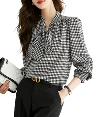 [グリーンパキラ] ボウタイブラウス 長袖 レディース ブラウス 千鳥格子 トップス シャツ 秋 冬 春 スーツ インナー リボンタイ 柄シャツ 大きいサイズ 通勤 オフィス きれいめ 上品 (L) [千鳥格子] [L] [標準]