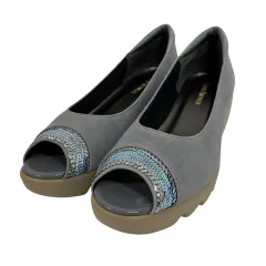 ヒルズ アヴェニュー Hills Avenue パンプス ウェッジヒール オープントゥ スパンコール スエード 総柄 23.5 青 ブルー