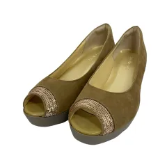 ヒルズ アヴェニュー Hills Avenue パンプス ウェッジヒール オープントゥ スパンコール スエード 総柄 23.5 茶 ブラウン