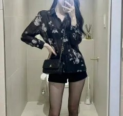 フラワー パータン シースルー シャツ ブラック