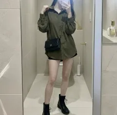 カーキ シャツ シルク ブラウス