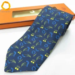 #ape エルメス HERMES ネクタイ 紺 青 緑 黄色 総柄 花柄 植物柄 シルク 箱付き 美品 フランス製 メンズ [987611] k01