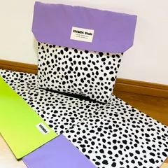 x3x♡様専門　防災頭巾カバー【座布団型】　と　ランチョンマット2枚　ダルメシアン柄　紫　黄緑　入園入学グッズ　ハンドメイド　ViViMOAStyle ビビモア