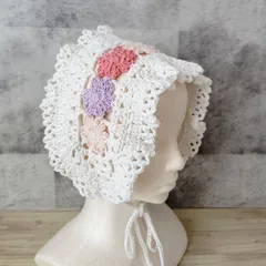 ヘッドドレス　バブーシュカ　レース　コットン　夏　手編み　ハンドメイド　ヘアアクセサリー　ヘアバンド　シロ　かわいい　日除け　紫外線対策　UV対策