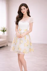 【新品未使用・タグ付き】パーティードレス レース×花柄 オーガンジー ワンピース ホワイト イエロー 上品 フェミニン 結婚式 キャバ お呼ばれ