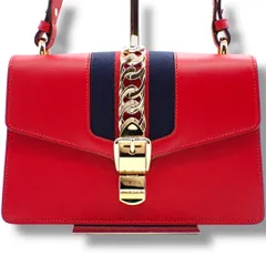 GUCCI グッチ シルヴィ 421882 レザー ショルダーバッグ シェリーライン レッド ネイビー ゴールド 2way 肩掛け クロスボディ 4559