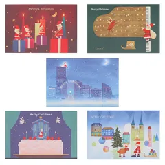 【新品】 【5枚入り】 ポストカード クリスマス サンタ トナカイ ケーキ ピアノ 街並み 冬 雪 空 イラスト かわいい はがき メッセージ 挨拶 感謝 プレゼント 大人 向け グリーティングカード おしゃれ 季節のたより インテリア 14.8×10cm 0