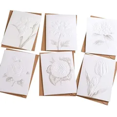 【新品】 moin moin メッセージ カード グリーディング 上品 シンプル エレガント 大きめ 12×17cm 6種セット (封筒+ 中紙 付) お礼 お祝い 総柄 花柄 フラワー 花 エンボス シック ぷっくり ホワイト クラフト ブラウン/ローズ 0