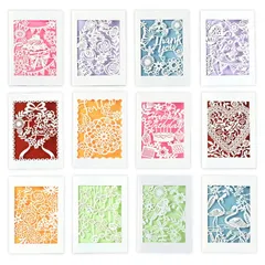 【新品】 moin moin メッセージ カード 12種 セット (中紙 + 封筒 付) レース 切り絵 影絵 美麗 ミニ サンキュー ありがとう 誕生日バースデー グリーディング カラフル ポップ ビビッド ハート 花 フラワー ケーキ 鳥 バラ 2203m