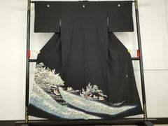 加賀友禅 落款入 黒留袖 仮絵羽 未仕立て品 シャクナゲ 正絹 八掛付 