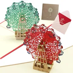 【新品】 moin moin メッセージ カード 観覧車 ダーク レッド + グリーン 2種セット 封筒付/バースデー グリーディング 切り絵 立体 飛び出す リアル 3D 赤 緑 2111me214 0