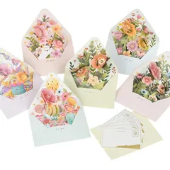 【新品】 moin moin 封筒型 ポップアップ カード + ミニ メッセージカード + 封筒 6種セット きらきら 飛び出す 3D アニマル 動物 モチーフ グリーティング お礼 誕生日 バースデー くすみ おしゃれ 花 猫 水彩 イラスト 絵本 2407