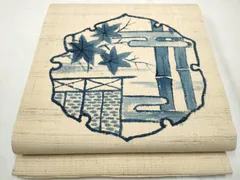 平和屋着物●九寸開き名古屋帯　生紬　型染め　雪輪枝葉文　正絹　逸品　CABE0044hy