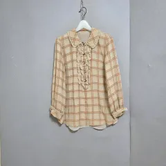 s春特価s20 ベージュCHECK シルク ブラウス S n2713