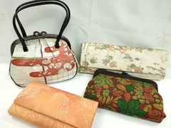平和屋着物▼和装小物　和装バッグまとめて４点　ハンドバッグ　エ霞草花文　紬地　金彩　逸品　CABD8544ju
