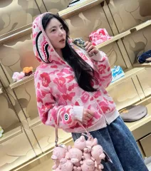 A BATHING APE フードジップアップ ABC カモ タオル ジャカード シャーク フール ジップ フード ピンク S