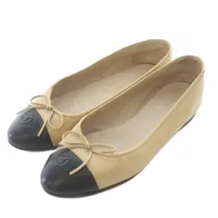 シャネル CHANEL フラットパンプス バレエシューズ レザー ココマーク リボン バイカラー 38.5 24.5㎝ ベージュ 黒 ブラック AO2819 /XZ ■GY19