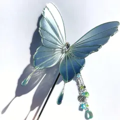 【蝶の１本かんざし】ミント×薄水色【シルバーワイヤー】