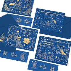 【新品】 moin moin 星の王子さま メッセージ カード + 留め口 シール + 封筒 6種 セット きらめく 金箔 レターセット | ブルー グリーディングカード キラキラ 紺 イラスト 小さめ ミニ 幻想的 宇宙 星 星座 星空 月 Best W 0