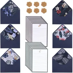 【新品】 レターセット おしゃれ 大人 封筒6枚 便箋16枚 シール 6枚 セット 手紙 シンプル 高級 お洒落 お祝い 結婚式 (ブルー) 1